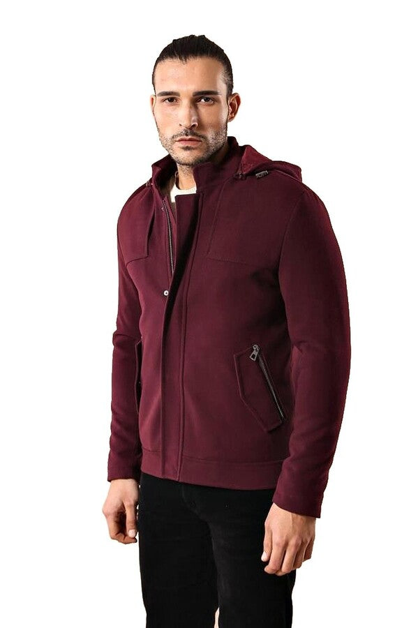 WSS Zippered Sleeve Hooded Burgundy Coat  - Revere