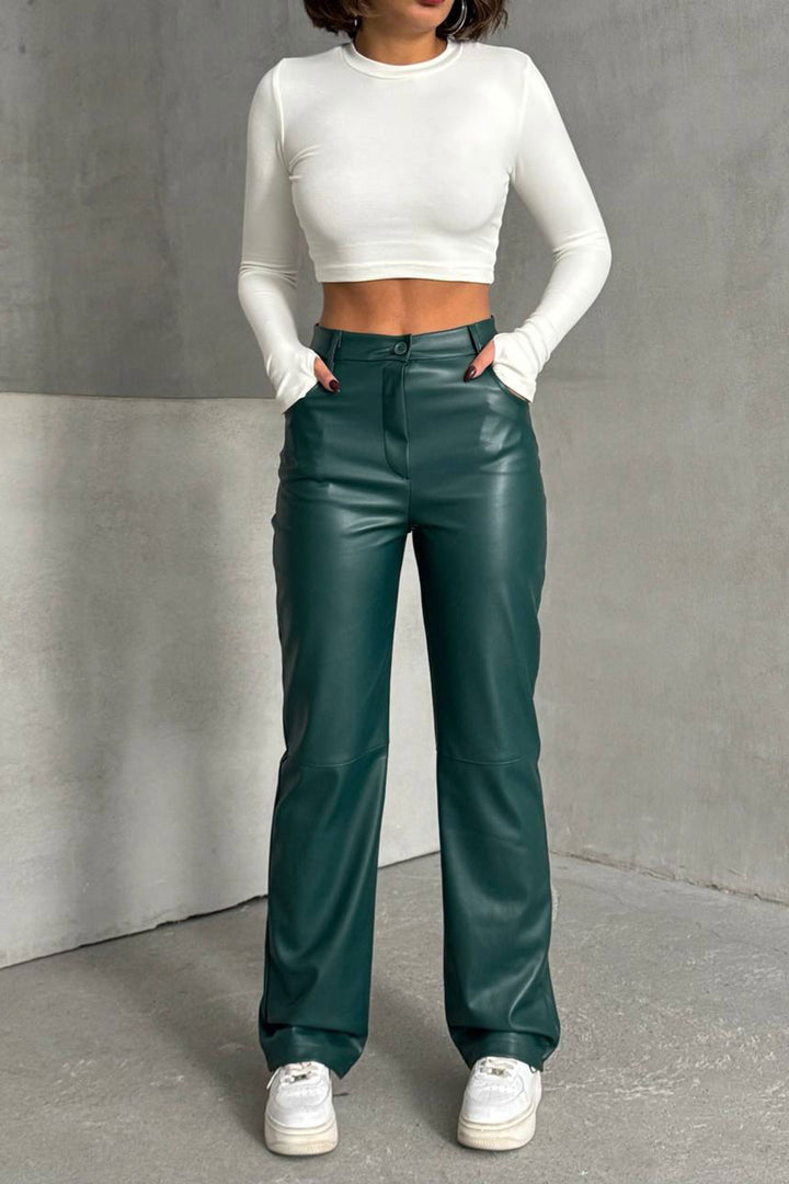 Emerald Double Pocket Slim Fit Faux Leather Pants BCHN-25267542 - Wrecsam