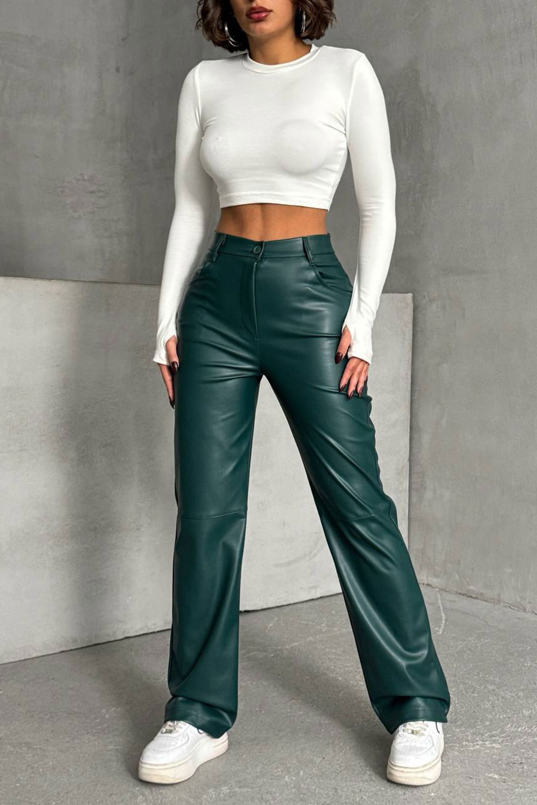 Emerald Double Pocket Slim Fit Faux Leather Pants BCHN-25267542 - Wrecsam