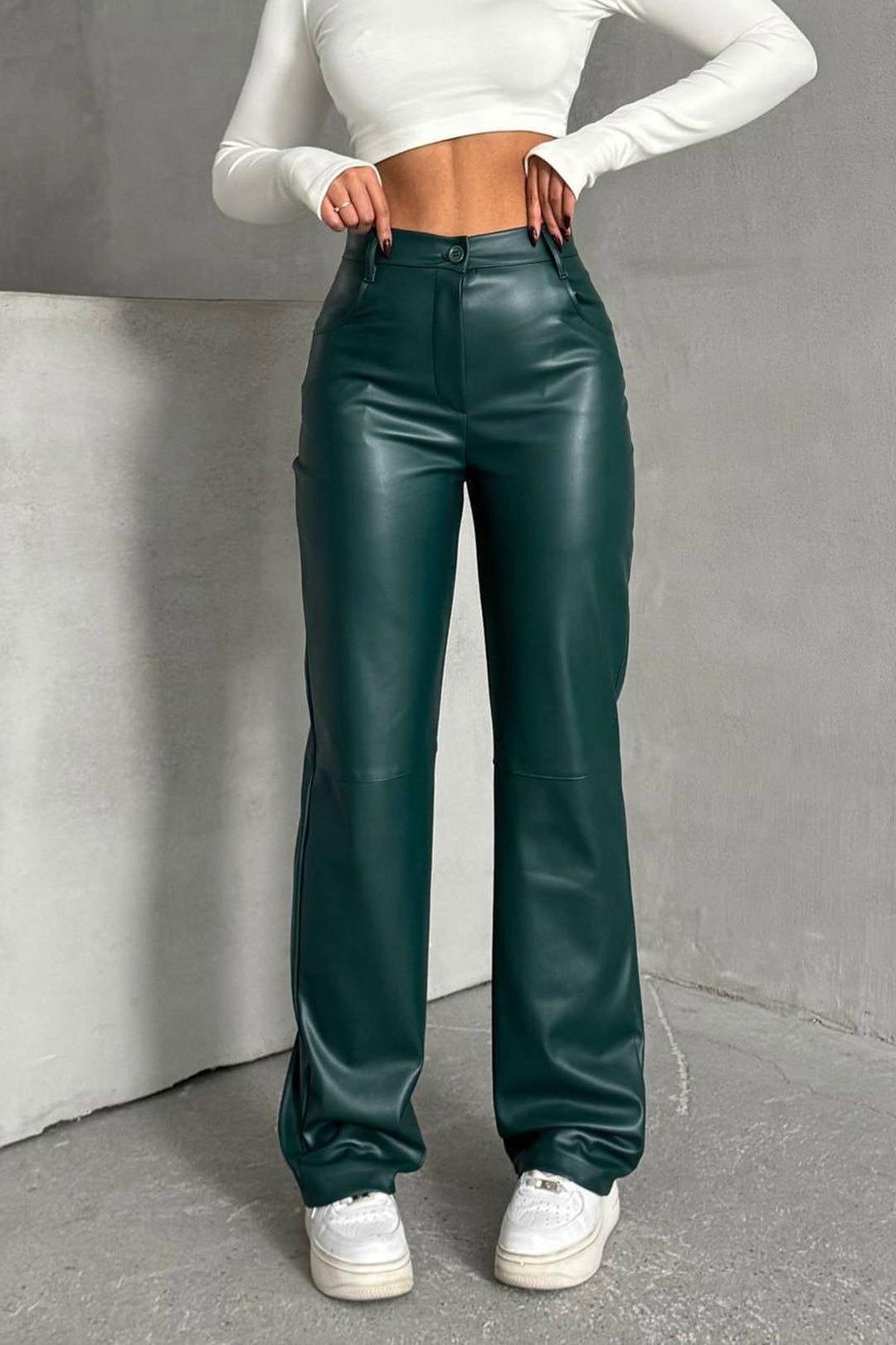 Emerald Double Pocket Slim Fit Faux Leather Pants BCHN-25267542 - Wrecsam