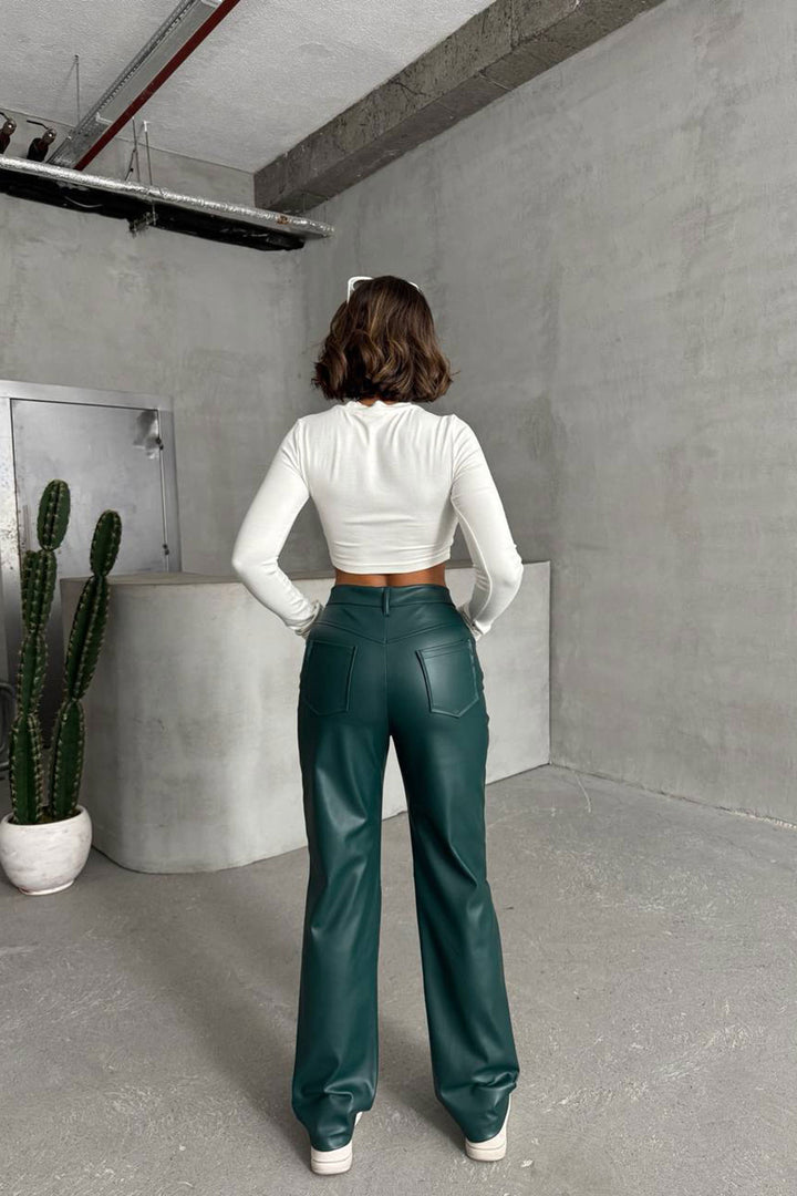 Emerald Double Pocket Slim Fit Faux Leather Pants BCHN-25267542 - Wrecsam