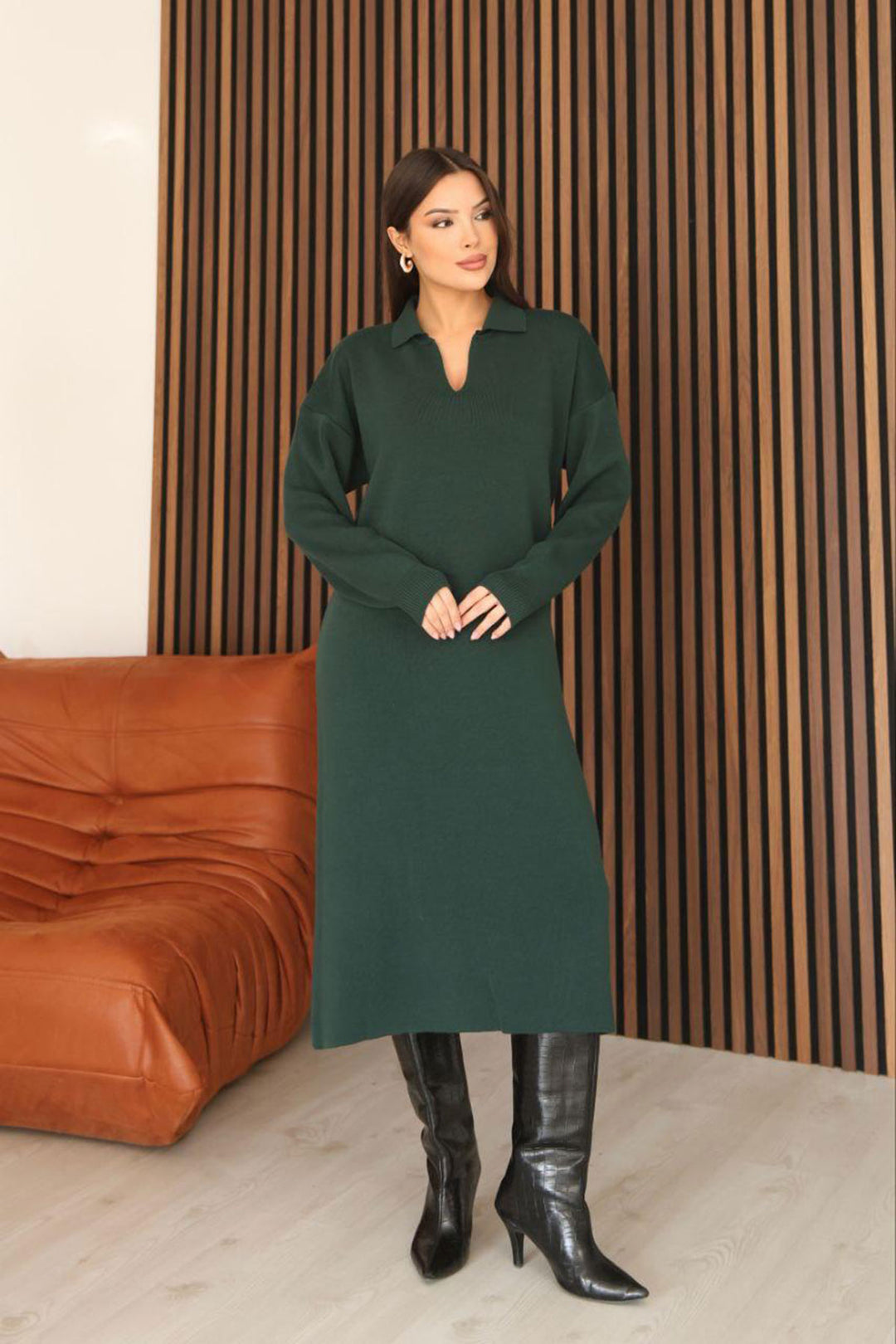 Zümrüt Yeşili Polo Yaka Midi Boy Triko Elbise BCES-253018 - Gotha