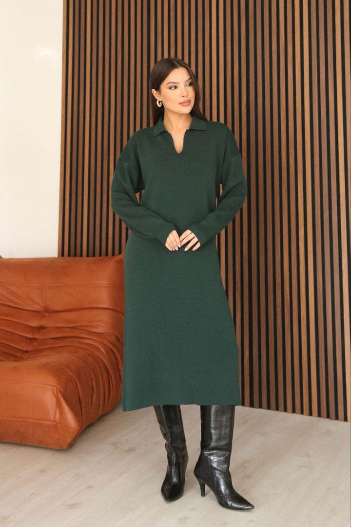 Zümrüt Yeşili Polo Yaka Midi Boy Triko Elbise BCES-253018 - Gotha