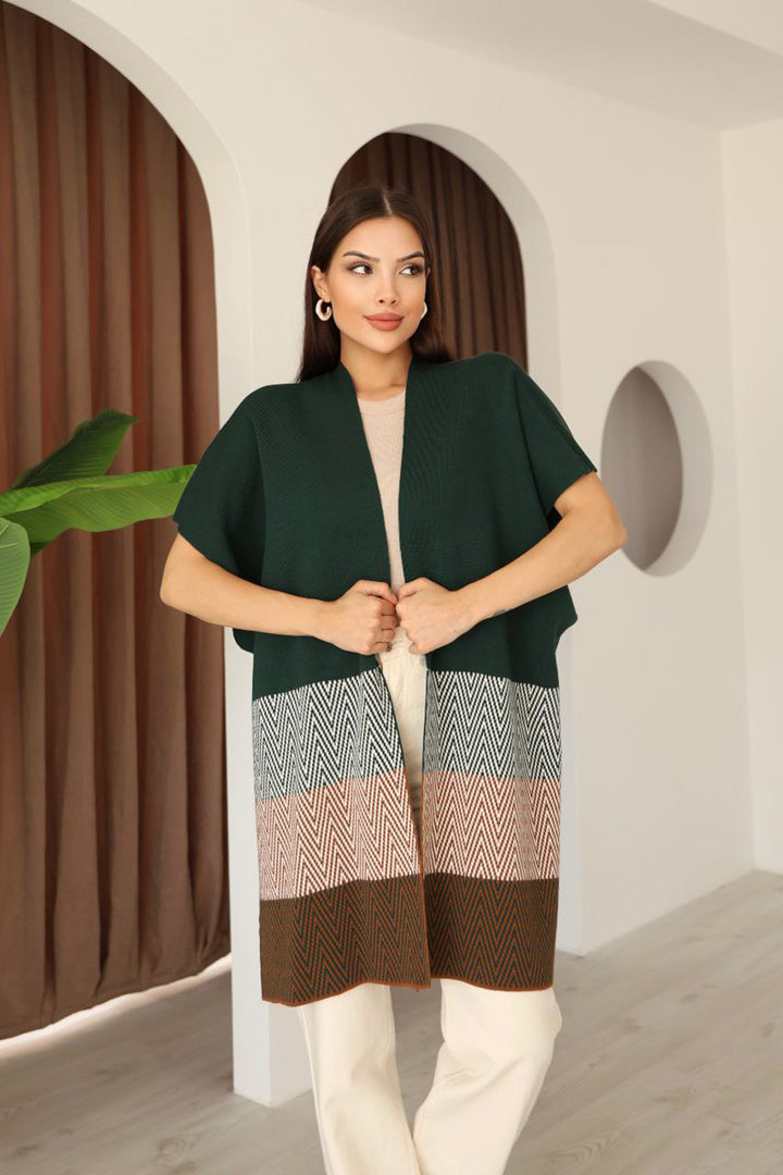 Emerald Green Zigzag Pattern Color Block Oversized Cardigan BCES-253006 - Halifax