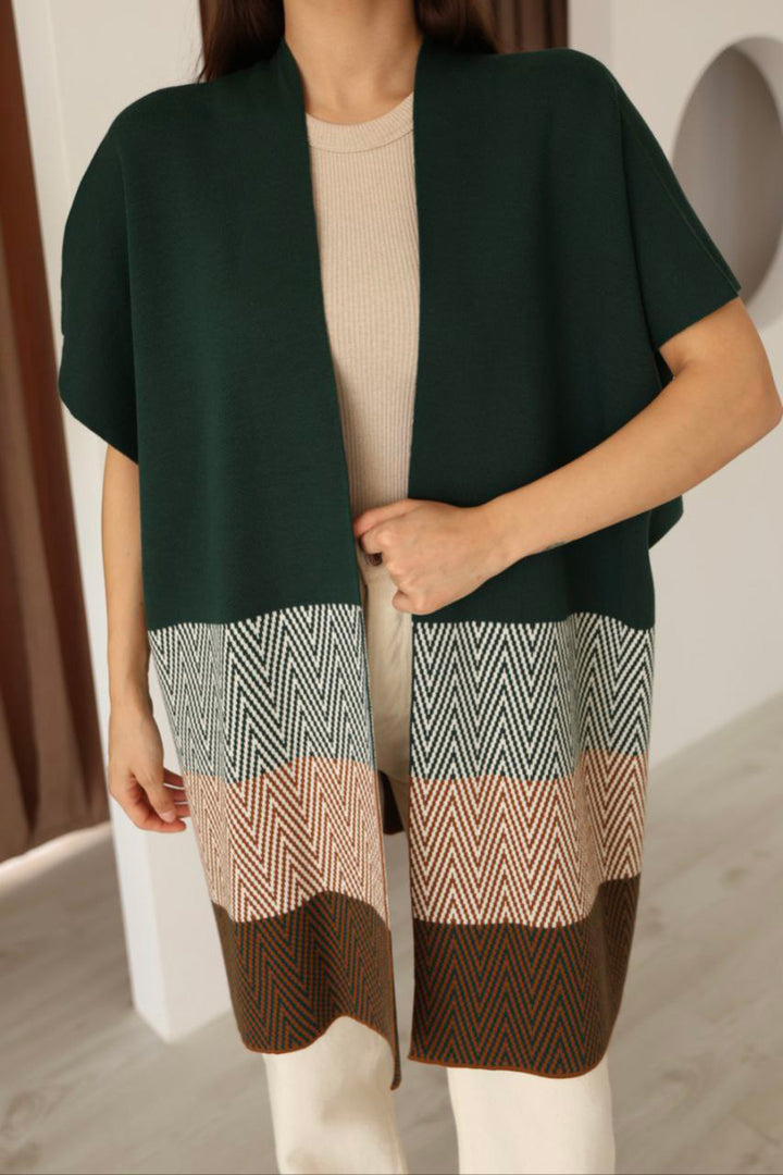 Emerald Green Zigzag Pattern Color Block Oversized Cardigan BCES-253006 - Halifax