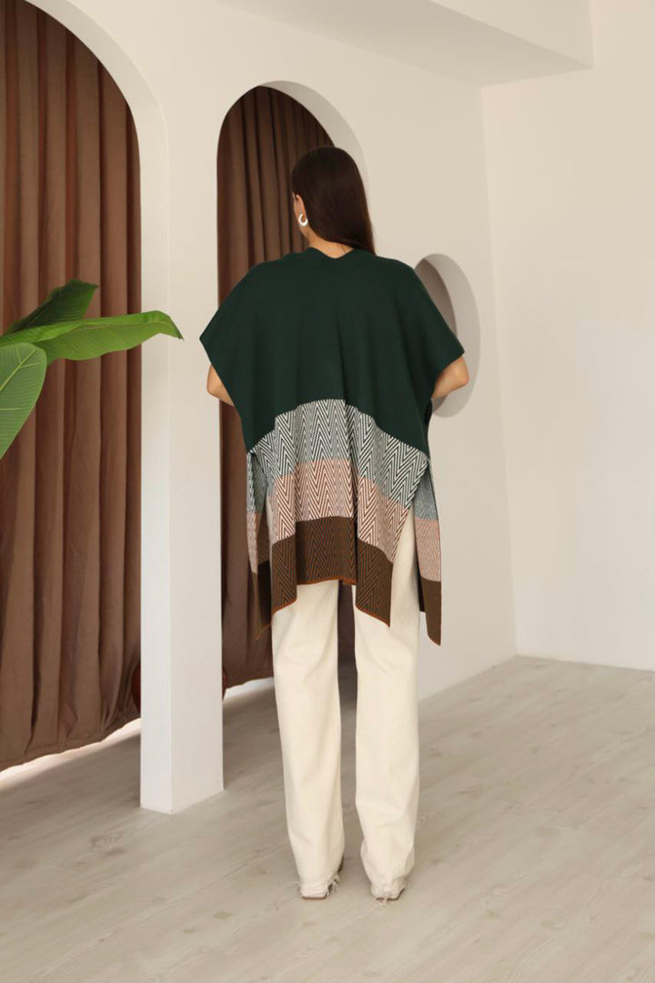 Emerald Green Zigzag Pattern Color Block Oversized Cardigan BCES-253006 - Halifax