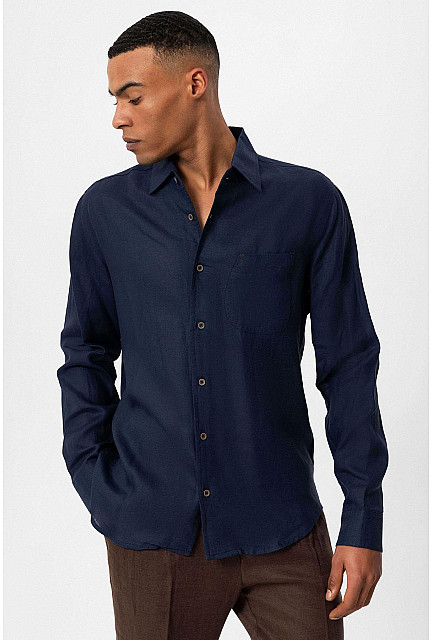 ANT 100% Linen Long Sleeve Men's Shirt Navy Blue - Bradfordsville