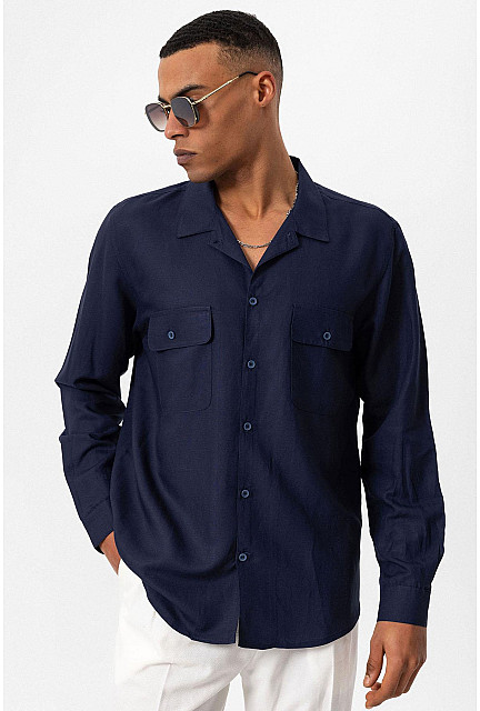 ANT Camp Collar Linen Blend Long Sleeve Men's Shirt Navy Blue - Holly Springs
