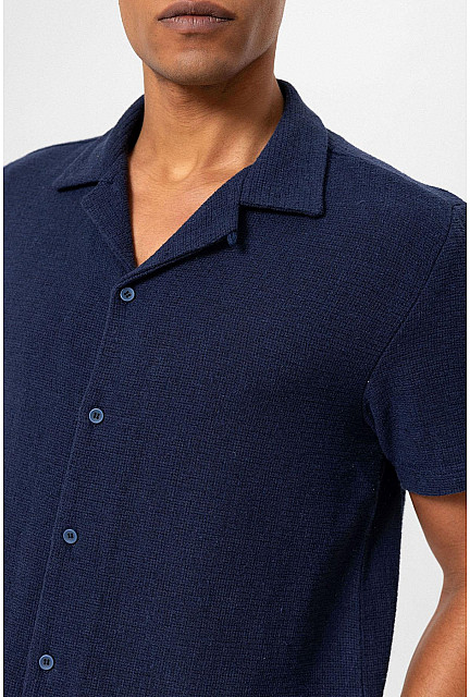 ANT Camp Collar Knitted Textured Men's Shirt Navy Blue - Attalla