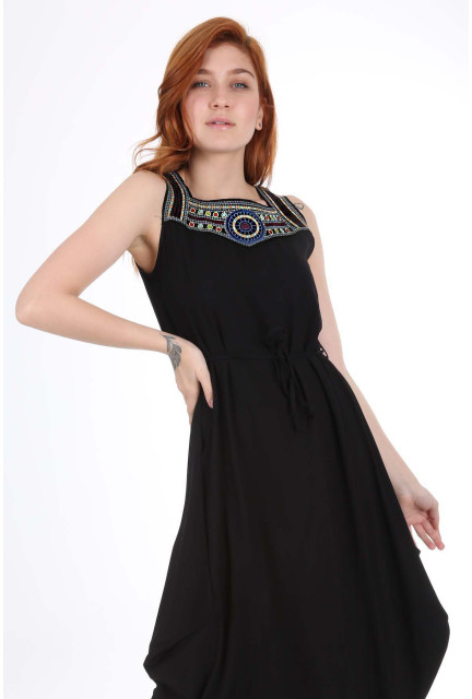 BGD  Embroidered Detail Neck Women Black Midi Dress - Page