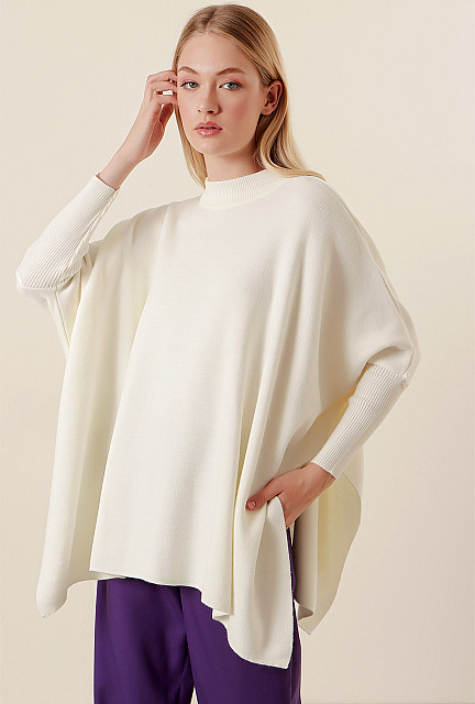 BGD  Slit Detail Poncho White Women Sweater - New Windsor