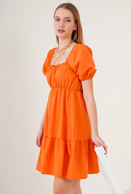 BGD  Poplin Square Neck Balloon Sleeve Women Orange  Mini Dress- Grambling