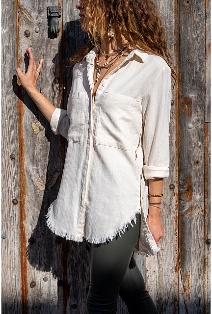 GNS Women's Linen Textured Shirt with Side Buttons and Tassels on the Skirt Beige - Prophetstown