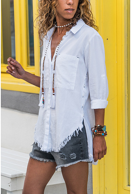 GNS Women's Side Buttoned Shirt with Tassels on the Skirt White - Maplewood