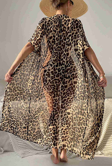 IGR Chiffon Long Front Tie Leopard Beach Dress Pareo Kimono Multi Color - Belle Plaine