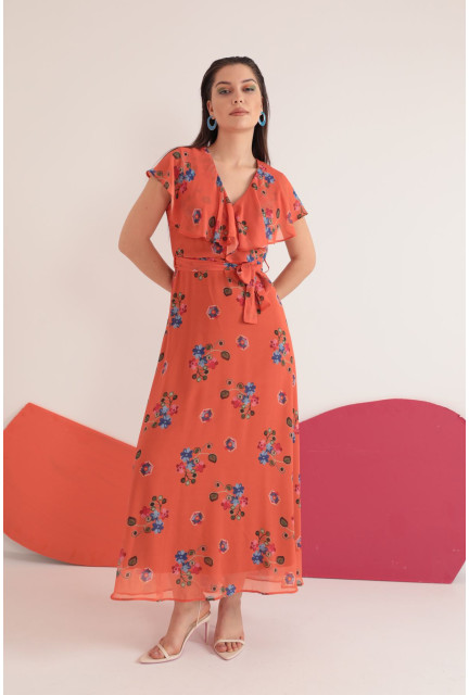 KKT Chiffon Fabric Embroidery Patterned Aller Women's Midi Dress-Orange - San Rafael