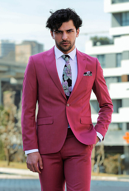 WSS 2 Piece Patterned Slim Fit Pink Men Suit