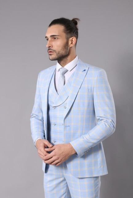 WSS Baby Blue Checked Three Pieces Of Suit | Wessi
