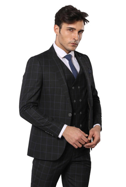 WSS Black Checked 3 Piece Linen Suit | Wessi