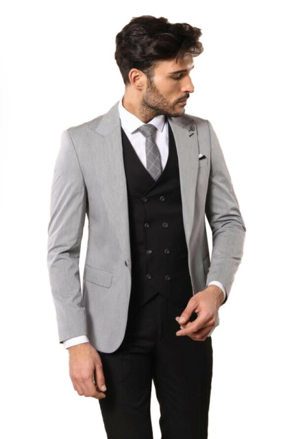 WSS Black Double Breasted Vest Gray Men Suit