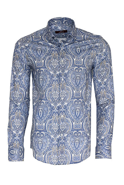 WSS Blue Damask Pattern Slim Fit Shirt