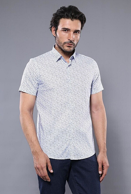 WSS Blue Floral Patterned Short Sleeve Men's Shirt | Wessi