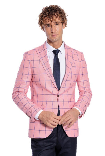 WSS Blue Plaid Patterned Slim Fit Pink Men Blazer - Lafayette