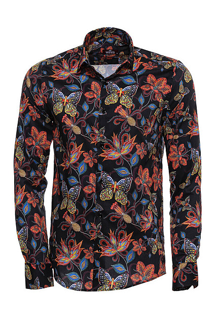 WSS Butterfly And Floral Pattern Long Sleeves Black Men Shirt