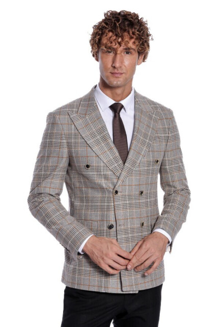 WSS Checked Double Breasted Brown Men Blazer