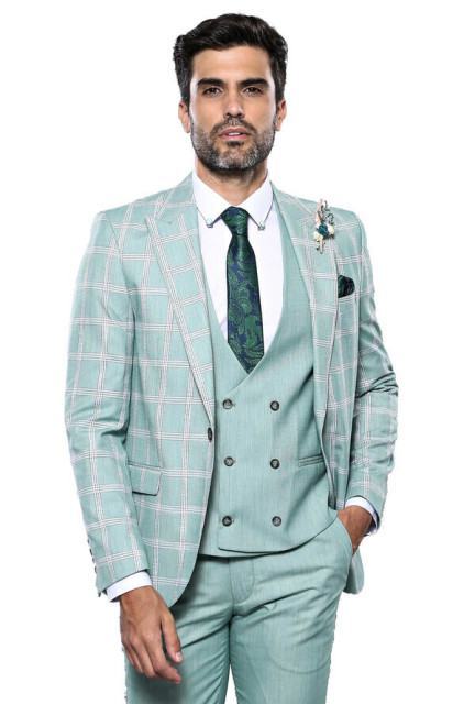 WSS Checked Light Green Vested Suit | Wessi