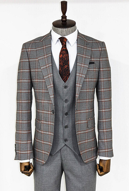 WSS Checked Patterned Gray Slim Fit Suit