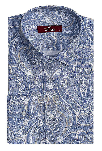WSS Floral Pattern Slim Fit Blue Men Shirt