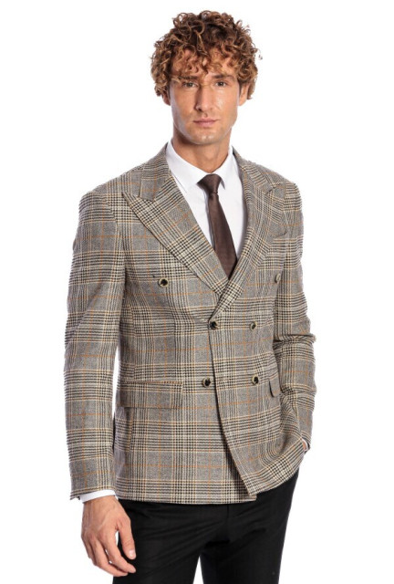 WSS Double Breasted Checked Gray Men Blazer