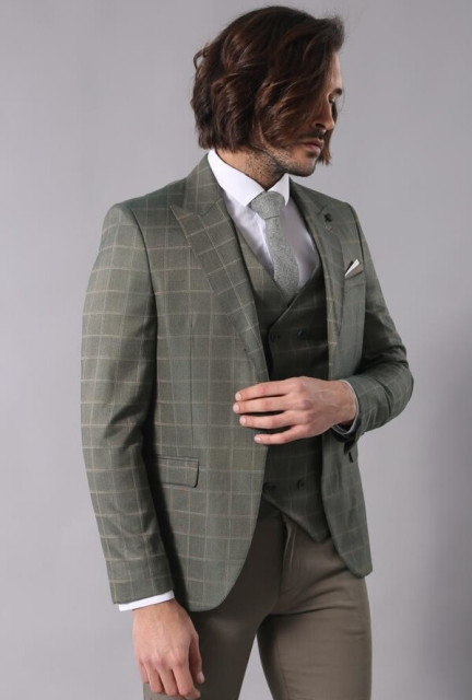 WSS Double Breasted Green Plaid Mens Suit | Wessi