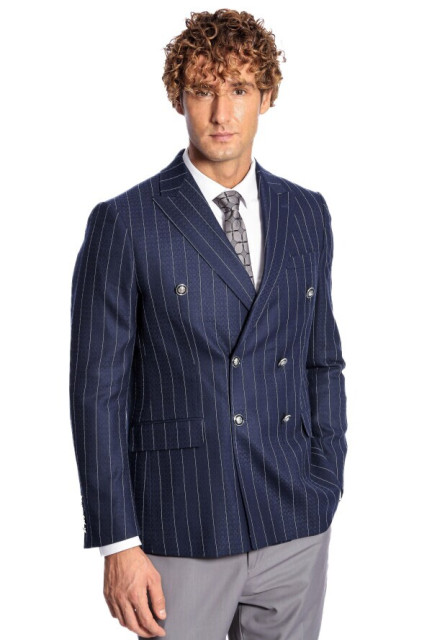 WSS Double Breasted Slim Fit Striped Navy Blue Men Blazer