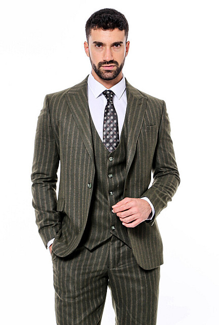 WSS Green Striped Slim-Fit Vested Suit