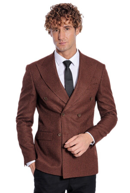 WSS Houndstooth Patterned Brown Men Double Breasted Blazer