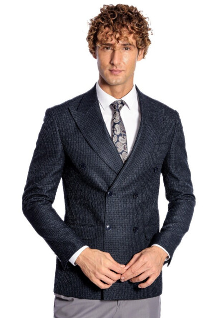 WSS Houndstooth Patterned Navy Blue Men Double Breasted Blazer