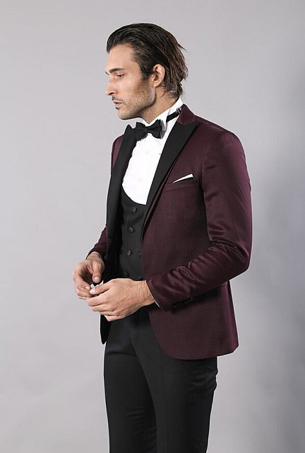 WSS Patterned Blazer Plain Vest and Trousers Claret Red Tuxedo