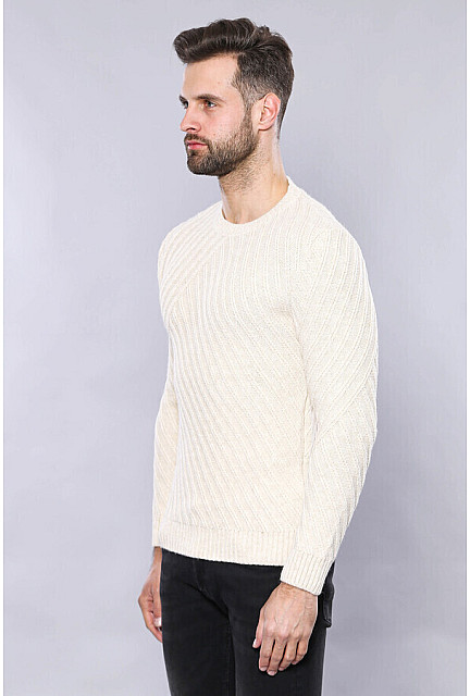 WSS Patterned Circle Neck Cream Sweater | Wessi