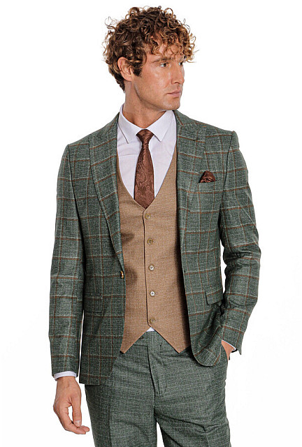 WSS Slim Fit Checked Patterned Green Men's Suit