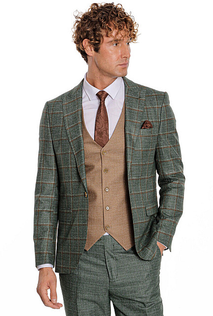 WSS Slim Fit Checked Patterned Green Men's Suit