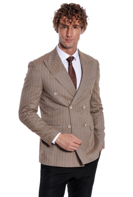 WSS Striped Double Breasted Light Brown Men Blazer